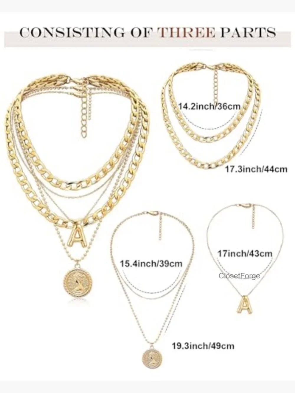 Layered Balloon Initial Coin Pendant Necklace Set 3-Chain Choker - Picture 5 of 7